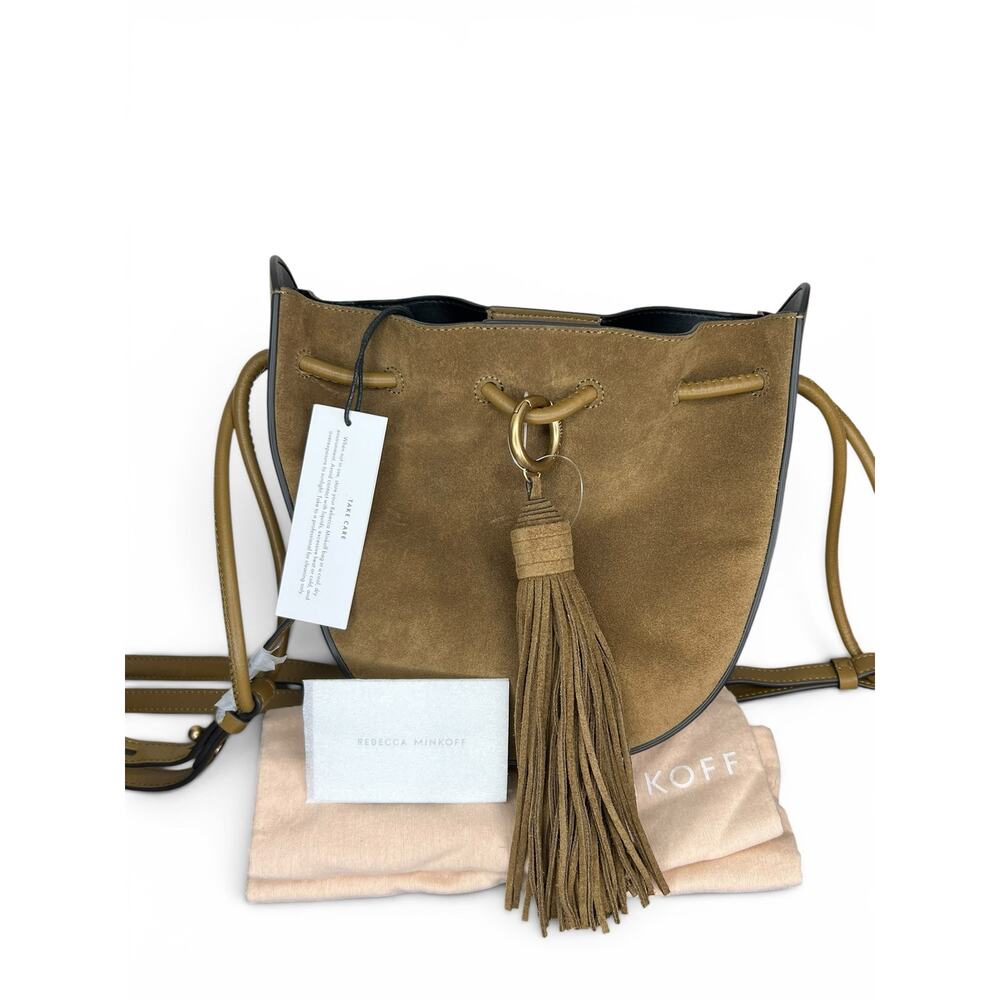 NWT Rebecca Minkoff Lulu Suede Leather Crossbody Bucket Bag Tassel - Military - Picture 1 of 13